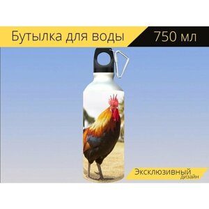 Бутылка фляга для воды "Петух, курица, мужчина" 750 мл. с карабином и принтом