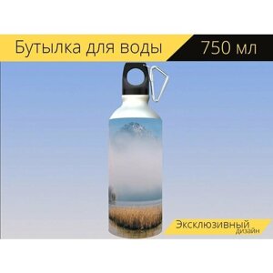 Бутылка фляга для воды "Природа, пейзаж, озеро" 750 мл. с карабином и принтом