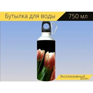 Бутылка фляга для воды "Тюльпаны, цветок, весна" 750 мл. с карабином и принтом