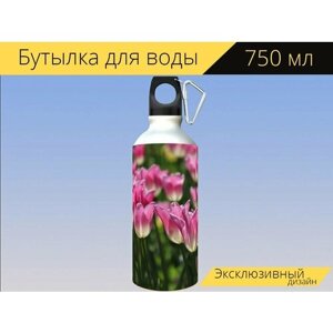 Бутылка фляга для воды "Тюльпаны, цветы, поле" 750 мл. с карабином и принтом