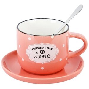 Чашка с блюдцем и ложкой "Sunshine day"розовая), 180 мл