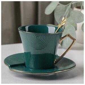 Чайная пара керамическая «Элизабет», 3 предмета: чашка 240 мл, блюдце d=13,5 см, ложка, цвет зелёный