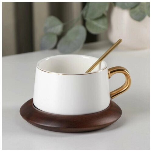 Чайная пара керамическая с ложкой «Улун», 2 предмета: чашка 280 мл, блюдце d=13 см, цвет белый