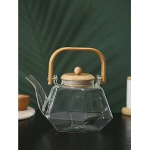 Чайник стеклянный заварочный с бамбуковой крышкой и металлическим фильтром BellaTenero "Октогон", 1,2 л