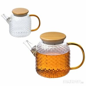 Чайник заварочный объем 1 литр , из боросиликатного стекла с рельефом, с крышкой из бамбука. Фильтр пружина в носике.