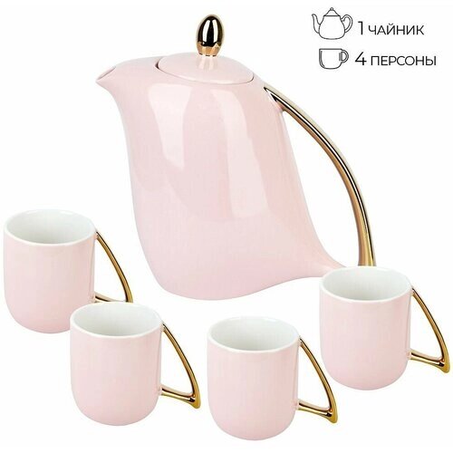 Чайный набор посуды на 4 персоны 1300/240 мл 5th Avenue Pink 5 предметов, чайник и 4 чашки, подарочный розовый фарфор
