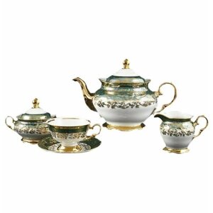 Чайный сервиз на 6 персон 15 предметов Roman Lidicky "Фредерика /Золотые листики на зелёном"167795