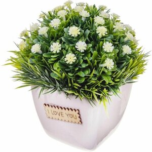 Цветок искусственный декоративный Композиция белых цветов, в кашпо, 13 см, Y6-2062