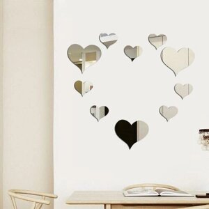 Декор настенный Сердца, из акрила, зеркальный, 10 элементов, 9 х 10 см, 6 х 7 см