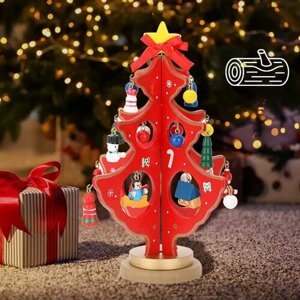 Деревянная елочка 16 см с игрушками на подставке 3D, фигурка елка для декора, нового года, на стол.