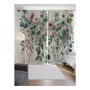 Фотошторы в спальню JoyArty "Нежные цветы и эвкалипт", 2 полотна шириной по 145 см, высота 265 см