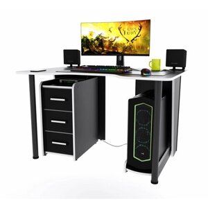 Игровой компьютерный стол "Лакер" с тумбой, 140x80x75 см, чёрный с белой кромкой