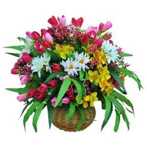 Искусственная Композиция цветочная Тюльпаны с хризантемами в плетеном кувшине П-00-35 /Искусственные цветы для декора/Декор для дома
