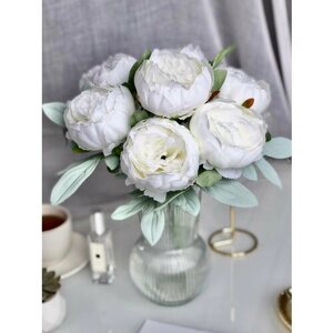 Искусственные цветы пионы для декора / Декоративный букет / Цветочная композиция, 43 см, белый