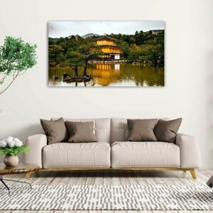 Картина на холсте 60x110 LinxOne "Горы речка Kyoto леса пагода" интерьерная для дома / на стену / на кухню / с подрамником