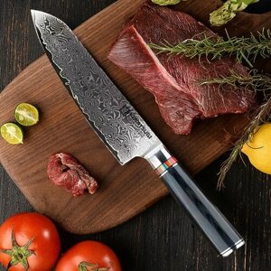 Kimatsugi / Японский кухонный поварской нож Сантоку Damascus #119. Настоящая дамасская сталь 67 слоев. VG-10 в обкладках. В подарочной коробке