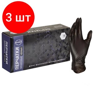 Комплект 3 упаковок, Перчатки однораз виниловые черные, н/о, размер L, 50 пар/уп, AVIORA, ПС