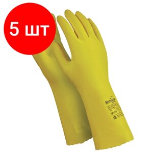 Комплект 5 шт, Перчатки латексные MANIPULA "Блеск", хлопчатобумажное напыление, размер 9-9.5 (L), желтые, L-F-01