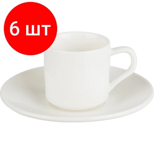 Комплект 6 штук, Кофейная пара Wilmax белая, фарфор, чашка 90 мл, блюдце WL-993007
