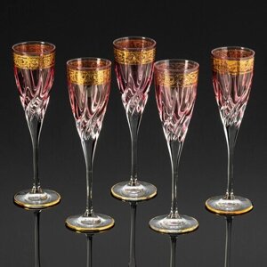 Комплект бокалов для шампанского витиеватой формы розоватого оттенка с золотистым кантом растительного мотива (5 шт.)
