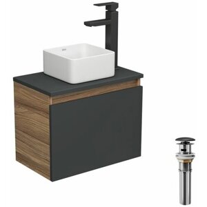 Комплект для ванной, 4 предмета (тумба Bau 50, графит + раковина BAU Hotel mini 24х24 + смеситель Hotel Black, выпуск клик-клак, черный)