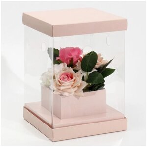 Коробка для цветов с вазой и PVC окнами, складная 'Бежевая'16*23*16 см