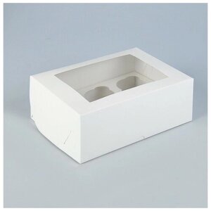 Коробка на 6 капкейков с окном, белая, 25 х 17 х 10 см, 5 штук