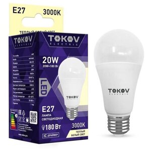 Лампа светодиодная 20вт а60 3000к е27 176-264в | код. TKE-A60-E27-20-3K | TOKOV electric (25шт. в упак.)