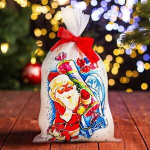 Мешок новогодний "Дед Мороз с хлопушкой", атлас, полноцветная печать, 21х35 см, 5 шт.