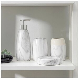 Набор аксессуаров для ванной комнаты «Мрамор», 4 предмета (дозатор, мыльница, 2 стакана), цвет белый