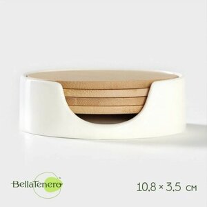 Набор бамбуковых подставок под кружки на керамической подставке BellaTenero, 4 предмета, 9,70,4 см