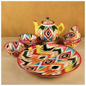 Набор чайный Риштанская керамика "Атлас №3", 9 предметов (чайник 0,8л, пиалы 0,2л) 7003758