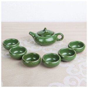 Набор для чайной церемонии керамический «Лунный камень», 7 предметов: чайник 150 мл, чашки 50 мл, цвет зелёный
