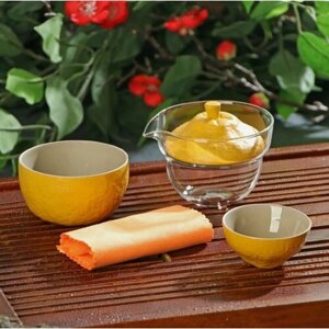 Набор для чайной церемонии «Лимон», 6 предметов: стеклянная чаша с крышкой 210 мл, 2 керамические чаши 40 мл и 150 мл, салфетка, сумка, цвет жёлтый