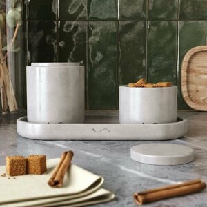 Набор для кухни Astrid 11 (поднос S, 26х11 см, емкости S и XS для сыпучих продуктов с бетонными крышками - 2 шт. бетон, серый глянцевый