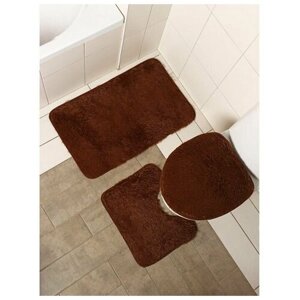 Набор ковриков для ванной и туалета Доляна «Пушистик», 3 шт: 3240, 4050, 5080 см, цвет коричневый