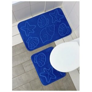 Набор ковриков для ванны и туалета "Ракушки", объёмные, 2 шт: 40x50, 50x80 см, цвет синий