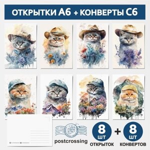 Набор почтовых открыток посткроссинг: открытки А6 - 8 шт, крафт-конверт С6 - 8 шт, postcrossing / Котик -6 / postcard_8_postcrossing_cat_A6_set_6