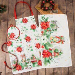 Набор подарочный Christmas red flowers, фартук, полотенце, прихватка