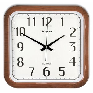Настенные кварцевые часы MIRRON P2552A ДК2Б/Большие квадратные часы/Белый (светлый) циферблат/Коричневый (под дерево) цвет корпуса/Часы в подарок/Бесшумные кварцевые часы