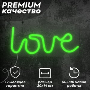 Неоновая вывеска / светильник 'Love'зеленный, 30х14 см, неон 6 мм, сенсорное управление
