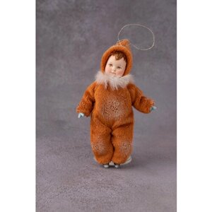 Новогодняя ёлочная игрушка "Малыш в коричневой шубке" серия зимние детки, авторская, ручная работа, интерьерная