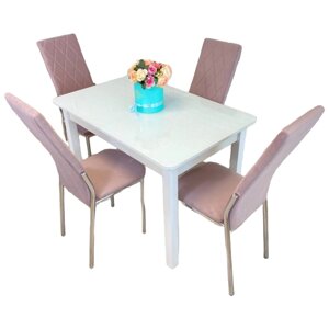 Обеденная группа стол со стульями для кухни NGVK Мега Белый стекло и 4 стула Омега 2 цвет Пыльная роза
