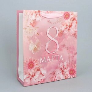 Пакет подарочный ламинированный, упаковка, "С 8 марта", цветы, M 30 x 26 x 9 см