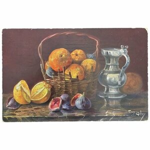 Почтовая открытка "Серебряный кофейник, инжир и апельсины в корзине" 1900-1910 гг. Германия