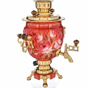 Самовар электрический 3 литра с художественной росписью «Пионы на красном в золоте» формы «Жёлудь»