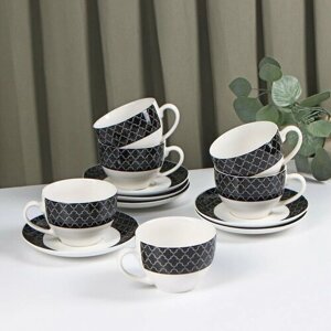 Сервиз фарфоровый чайный Доляна «Марокко», 12 предметов: 6 чашек 280 мл, 6 блюдец d=15 см, цвет белый и чёрный