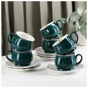 Сервиз керамический чайный «Шишечки», 12 предметов: чашка 200 мл, блюдце d=14,5 см, цвет зелёный