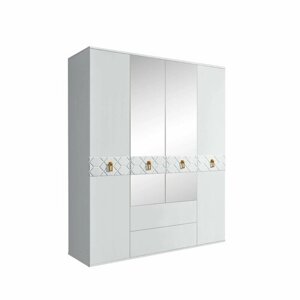 Шкаф 4-х дверный с зеркалами, с выдвижными ящиками, Ярцево Bogemia-Farfalle (Белый/Золото) БМШ1/41(Fa)