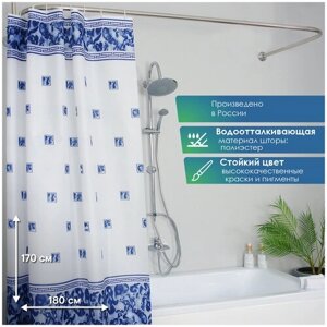 Штора для ванной с рисунком VILINA "Для бережливых" Мрамор синий водоотталкивающая с кольцами тканевая для душа 170х180 см